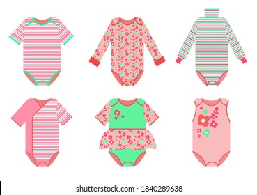 Different types of bodysuits clothes for baby girl in gently pink and mint colours. Vector turtleneck, dress, sleeveless, short-sleeve, long sleeve bodysuits. Fashion for children.