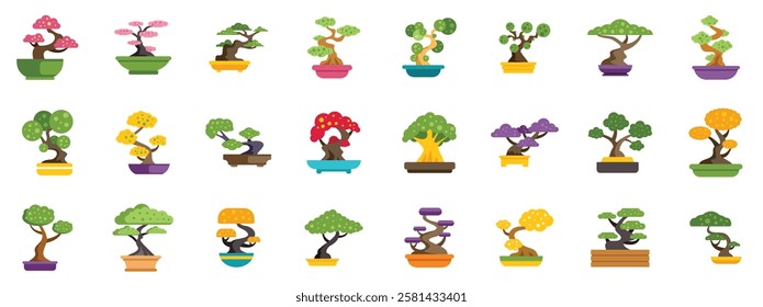 Different types of bonsai trees are growing in colorful pots, showcasing the art of miniature tree cultivation