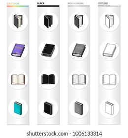 Different types of books, literature, textbook, dictionary. Book set collection icons in cartoon black monochrome outline style vector symbol stock illustration web.
