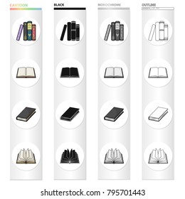 Different types of books, literature, textbook, dictionary. Book set collection icons in cartoon black monochrome outline style vector symbol stock illustration web.