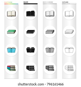 Different types of books, literature, textbook, dictionary. Book set collection icons in cartoon black monochrome outline style vector symbol stock illustration web.