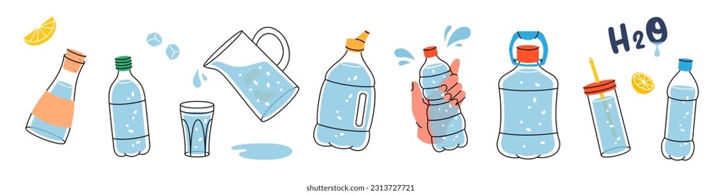 Diferentes tipos de botellas. Beba más agua. Botellas de agua de plástico. Gafas, botellas, jarra, frasco con agua limpia. Ilustración vectorial.