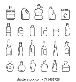 Different types of bottles: thin vector icon set, black and white kit