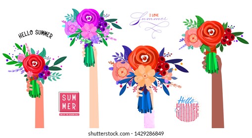 Different types of bouquets of flowers in the hands, male and female - banner hello summer and I love summer.