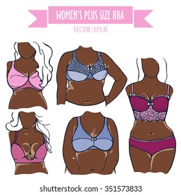 Different types of bra for women plus size, colored hand drawn lingerie and dark skin