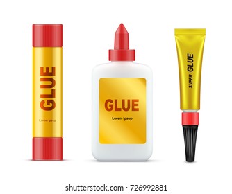 Different types of branded glue tubes with gold label and red cap realistic vector set isolated on white background. Paper glue stick, stationery liquid, product mockup - Shutterstock ID 726992881