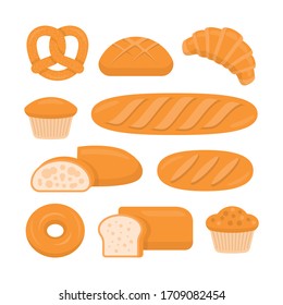 Different Types of Bread. Bakery Products. Pretzel, Bun, Croissant, Plain Cupcake, Baguette, Ciabatta, Loaf, Bagel, Bread, and Muffin.