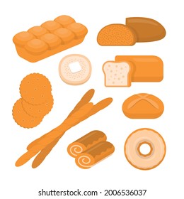 Different Types of Bread. Bakery Products. Brioche, Rye Bread, Biscuit, Crumpet, White Bread, Bread Stick, Coburg, Roll, and Donut.
