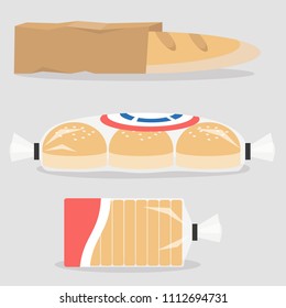 Different types of bread packed in plastic and paper bags. Bakery. Gluten free food. Flat editable vector illustration, clip art