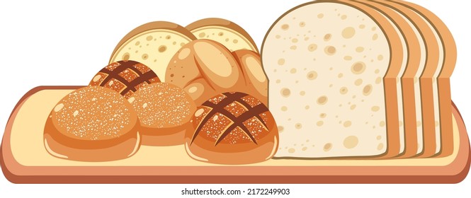 Different types of breads on wooden tray illustration