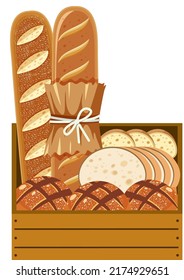 Different types of breads in wooden crate illustration