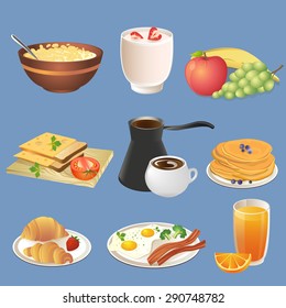 Different types of breakfast menu. Vector illustration.