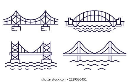 Different types of bridge icon set. Sting bridges in line art design.