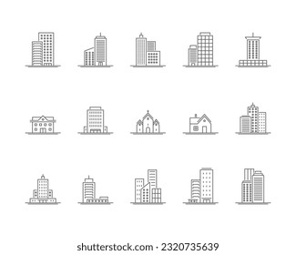 Diferentes tipos Construyendo Black Thin Line Icon Set Incluye de rascacielos, Hotel y Elemento Cityscape. Iconos vectoriales