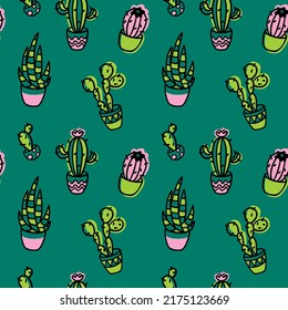 Different types of cacti in pots. House plants. Cute print.   Seamless pattern for fabric, wrapping, textile, wallpaper, clothes. Vector.