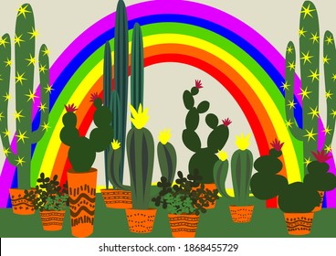 Different types of cacti in pots on a rainbow background.