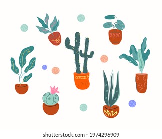 Different types of cactus decorative icons set, cartoon illustration isolated on white background. Cactuses in pots, house plants collection.
