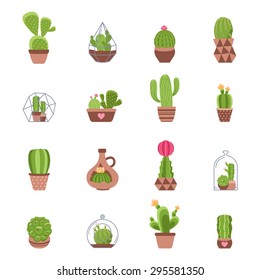 Different types of cactus with flowers icons set isolated vector illustration