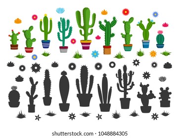 Different types of cactus plants in flowerpots with flowers and grass icons.