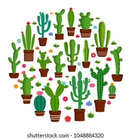 Different types of cactus plants in flowerpots with flowers and grass icons.