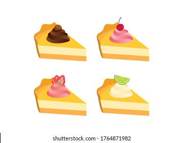 Different types of cakes icon set vector. Piece of cake with chocolate, strawberry, cherry and lime icon set. Fruit cream pie icon isolated on a white background. Delicious fruit cake vector