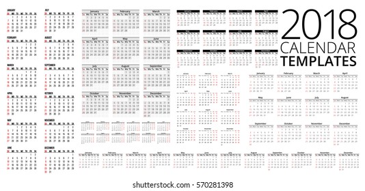 Different types of calendar grids for 2018 years. Vector templates set
