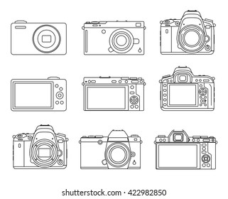 Different types camera icons, DSLR, Mirrorless, small illustration set