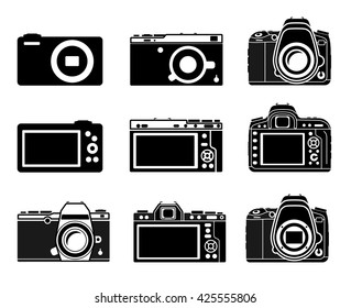 Different types camera icons, DSLR, Mirrorless, small illustration set