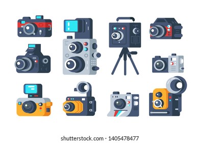 Diferentes tipos de câmeras definem ilustração vetorial. Coleção de conceito de estilo plano de filmadora digital retro e moderno. Escola de fotografia profissional ou design de estúdio fotográfico. Isolado no branco