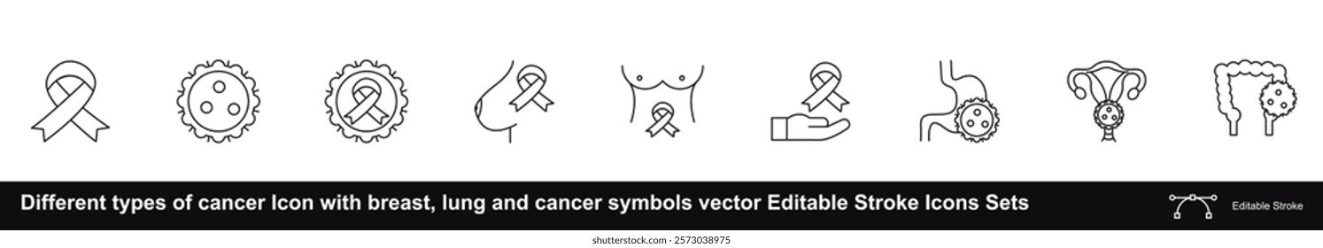 Different types of cancer Icon with breast, lung and cancer symbols vector Editable Stroke Icons Sets