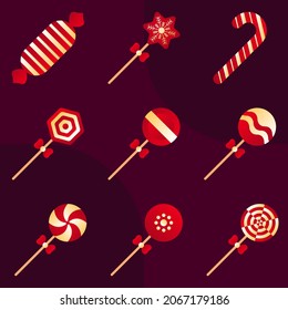 Different Types Of Candy Or Lollipop On Purple Background.