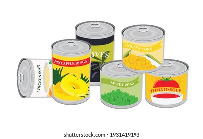 Different types of canned food golden corn, tomato soup, olives, chicken soup and sweet peas. Vector illustration