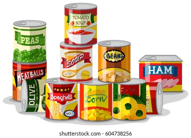 Different types of canned food illustration