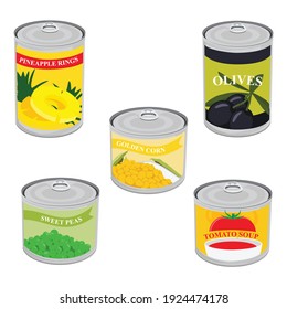 Different types of canned food pineapple rings, golden corn, tomato soup, olives and sweet peas. Vector illustration