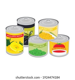 Different types of canned food pineapple rings, golden corn, tomato soup, olives and sweet peas. Vector illustration