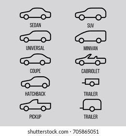 Different Types Of Car Body. Lines Icon Set. Variants Of Automobile Body Silhouettes. Vector Illustration.  Sedan, Universal, Coupe, Hatchback, Pickup, Suv, Minivan, Cabriolet, Trailer