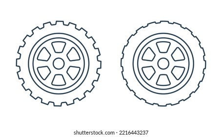 Different types of car tires line icons. Set of outline tires