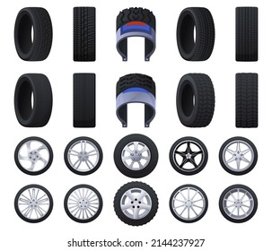 Different types of car tires. Tires in terms of their components. Vector illustration on a white background