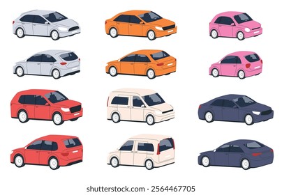 Different types of cars, city, off-road, sports. Transport for convenient and safe movement on the streets between cities and trips. Vector illustration