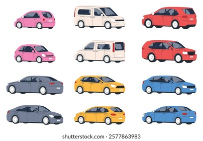 Different types of cars, city, off-road, sports. Transport for convenient and safe movement on the streets between cities and trips. Vector illustration