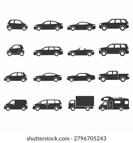 Different types of cars and trucks shown in silhouette form.