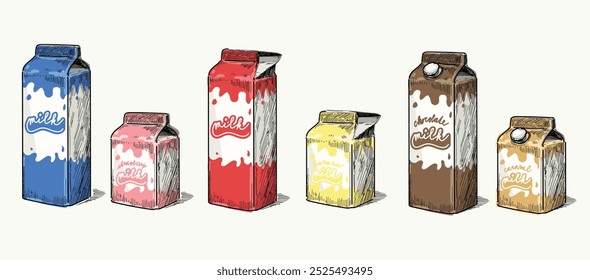  Diferentes tipos de caja de cartón símbolo de ilustración de leche aislado sobre fondo blanco