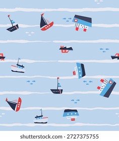 Diferentes tipos de barcos de dibujos animados en la superficie del agua