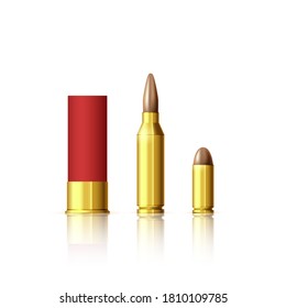 Different types of cartridges. Realistic bullet and cartridge. Vector illustration isolated on white