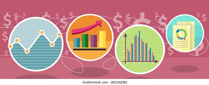 Different types of charts that show changes of share prices. Round color icons. Design concept. For web site construction, mobile applications, banners, corporate brochures, book covers, layouts etc.