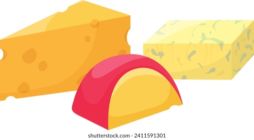 Different types of cheese blocks and a cheese wheel slice. Cartoon cheddar, swiss cheese, and gouda wedge. Dairy products and cheese variety vector illustration.