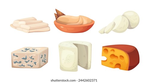 Different types of cheese. Cartoon vector illustration set of farm organic milky goods and ingredients. Full and cut, soft and hard cow milk curd for healthy eating. Fresh dairy product block.