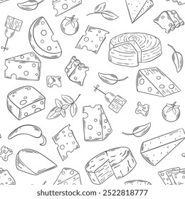 Verschiedene Arten von Käse Handgravur nahtlose Muster. Handgezeichneter Tintenkäse-Hintergrund. Druck mit Milchkäse verschiedener Sorten und Formen für Verpackung, Papier, Design, Vektorgrafiken