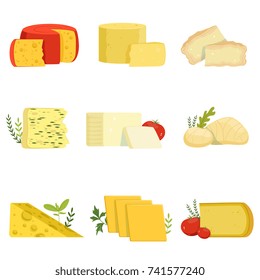 Verschiedene Arten von Käsestücken, beliebte Art von Käse Vektorgrafiken