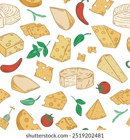 Diferentes tipos de queso sin patrón. Variación de queso, pieza entera, triángulo, rebanada, felpudo, fondo de la cabeza. Impresión del color del queso con los quesos lácteos para hacer publicidad, empaquetado, menú, Vector